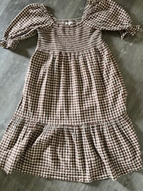 Madewell Lucie Elbow-Sleeve Smocked Gingham Midi Dress Two Pockets Women's M - Picture 7 of 15